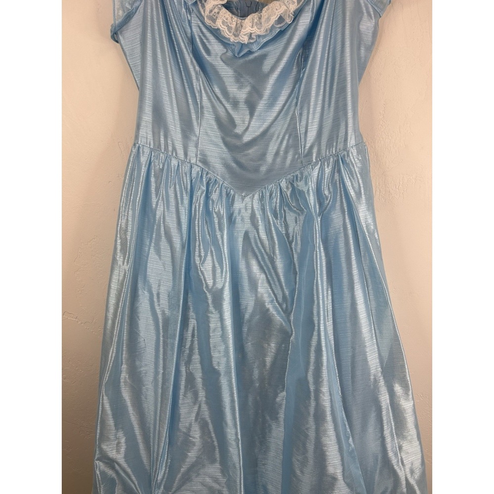 Vintage 70s Formal Blue Satin Gown Lace Trim Bows Princess Theatrical Costume - Picture 4 of 14